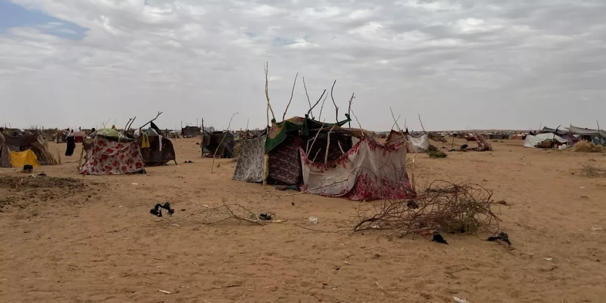 Mit Stöcken befestigte Hütten bilden Geflüchtetencamp