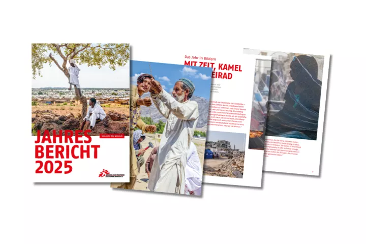 Exemplarische Seiten des Jahresberichts mit Bildern und Text nebeneinander