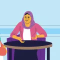 Cartoonzeichnung: Patientin im Gespräch Mitarbeiterin